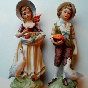 Ceramic Pair Boy and Girl With Geese Pie Vegetables # 6988 Preowned 7 1/2" Tall